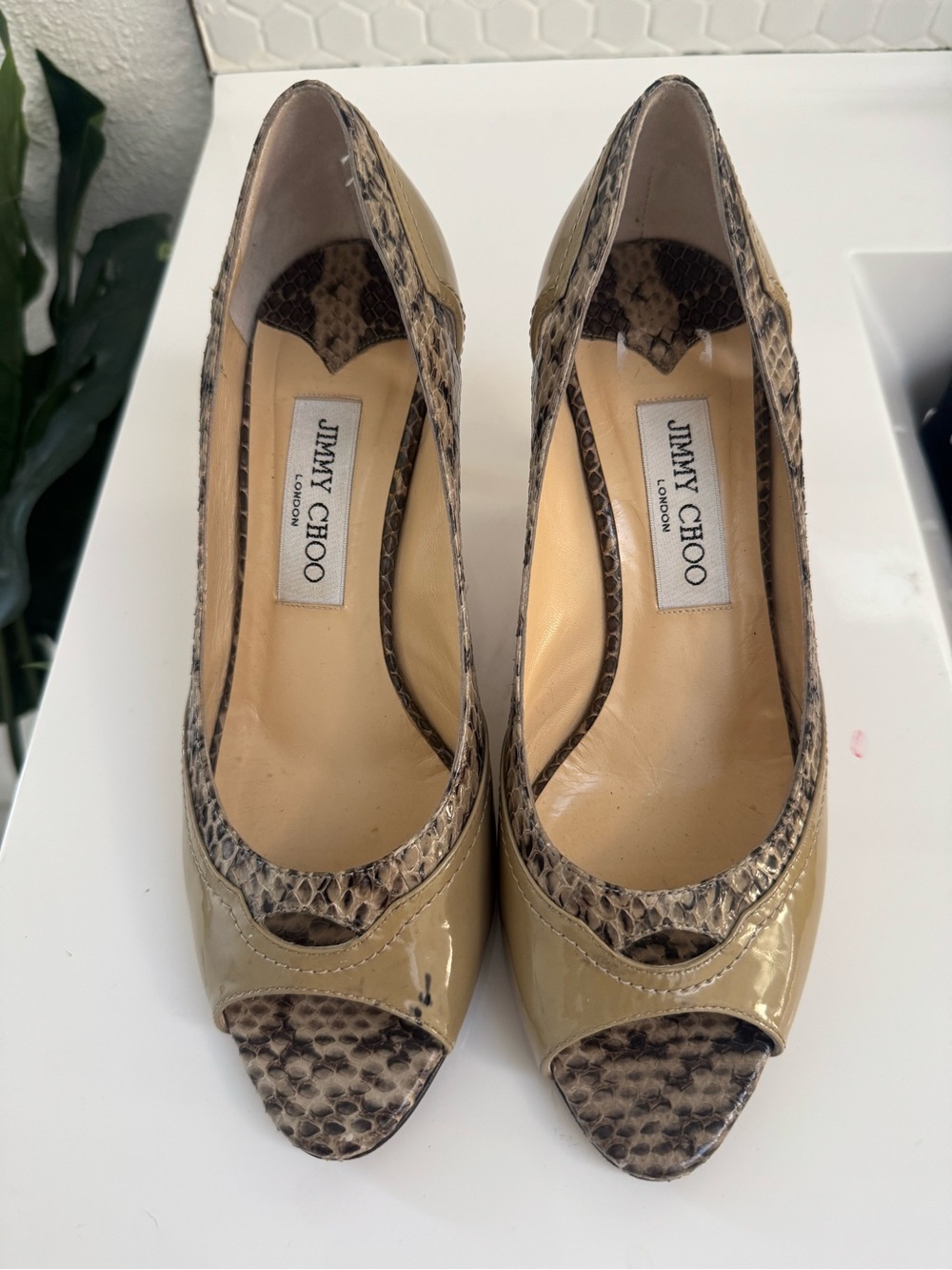 Jimmy Choo Beige and Snake-Print Peep-Toe Pumps